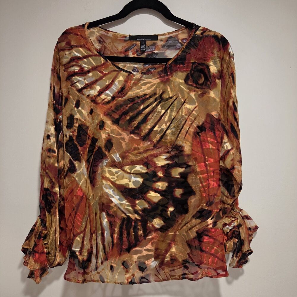 White House Black Market Blouse Womens Small Orange Butterfly Silk Blend Peasant